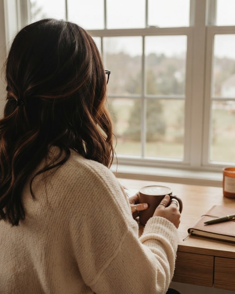 A woman in a cream knit sweater seen from behind, holding a coffee cup at a desk beside a sunlit window