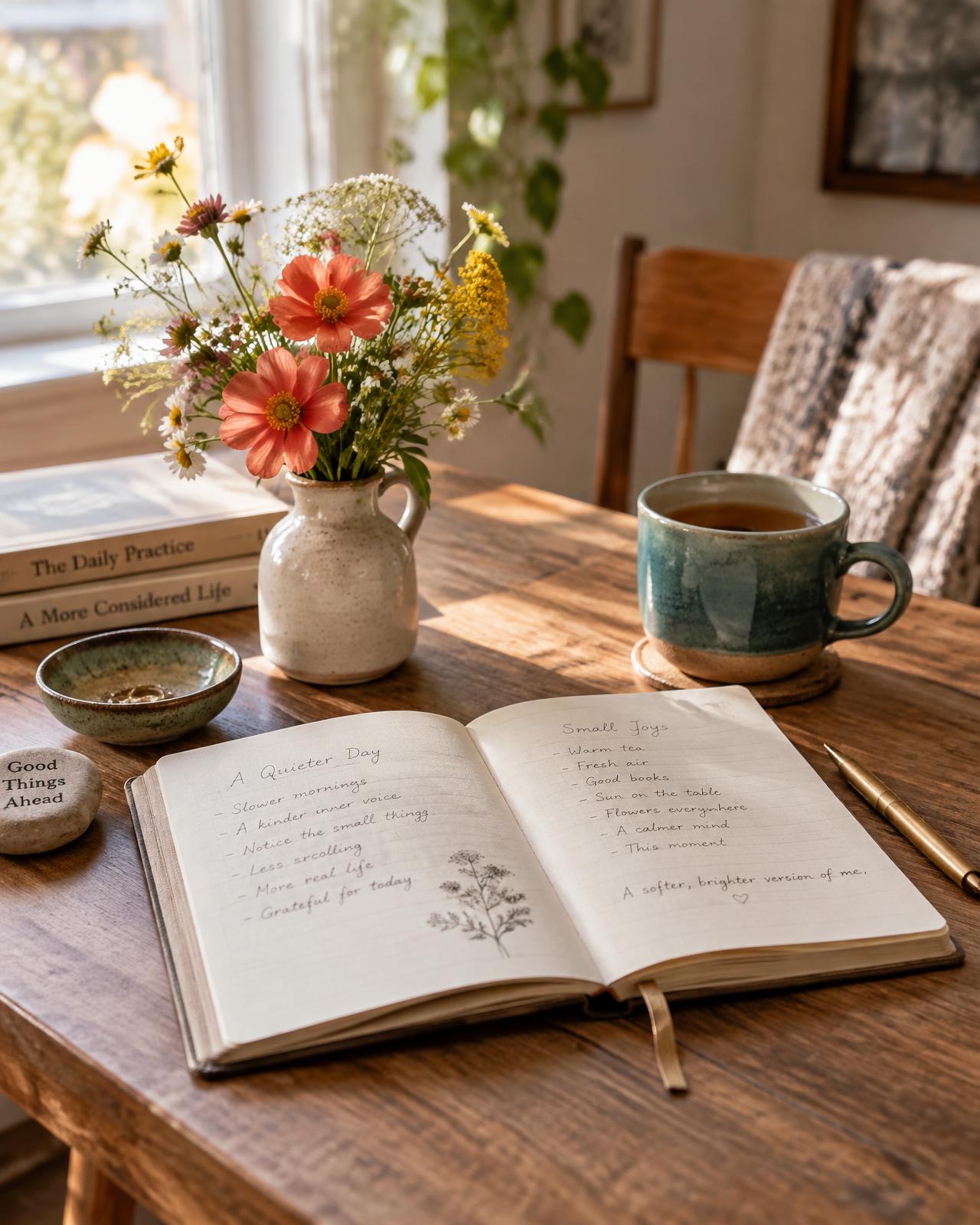 An open journal, a teal cup of tea, and wildflowers in soft morning light